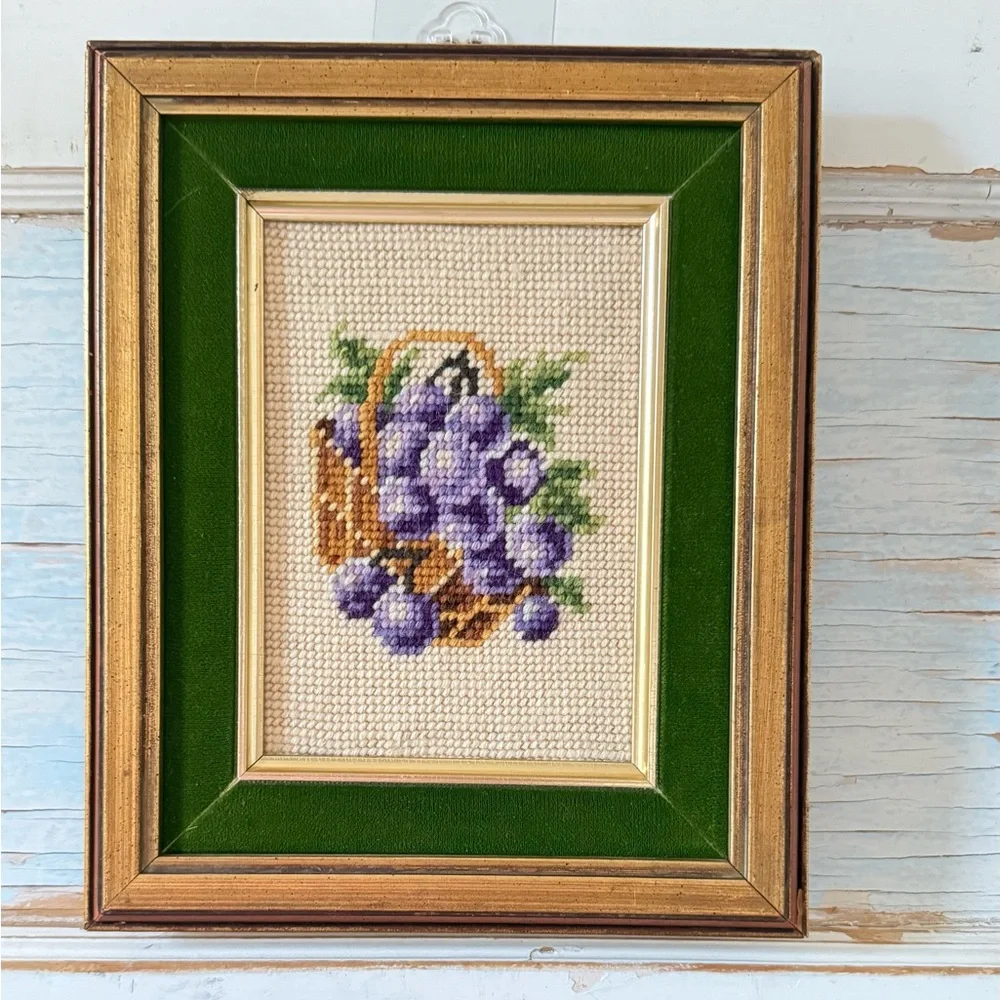 Vintage Bird & Grapes Needlepoint Framed Artwork, Set of 3, Wood Frames - Picture 4 of 7
